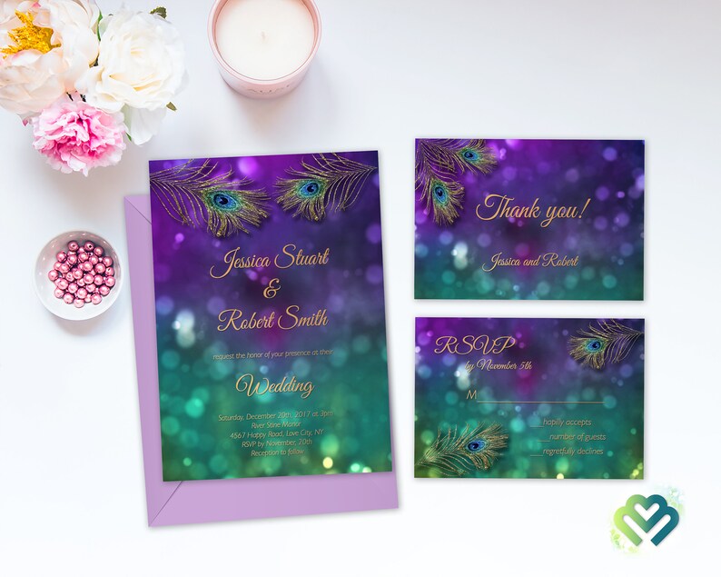 May include: Purple and green wedding invitation with gold accents and peacock feathers. The invitation reads "Jessica Stuart & Robert Smith" and includes the date, time, and location of the wedding. The RSVP card reads "RSVP by November 5th".