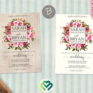 Pink Peonies Wedding Invitation Set Floral Wedding Invite Suite Invitación imprimible Digital Pink Roses Rustic Wedding Invitation Set DIY