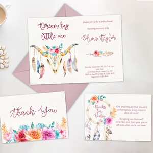 May include: Three cards with a bohemian theme for a baby shower. The first card has a watercolor skull with feathers and flowers and the text "Dream big little one". The second card has the text "Please join us for a baby shower honoring mommy to be Olivia Taylor" and the date and time of the event. The third card has a dreamcatcher with feathers and flowers and the text "Books for Baby".