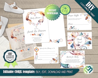 May include: A printable set of baby shower invitations and cards featuring a watercolor design of feathers and a dreamcatcher. The invitations are for a baby shower honoring Sarah Liz Peterson. The cards include a diaper raffle, a thank you card, and a book request card.