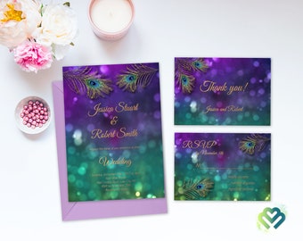 Purple Gold Peacock Wedding Invitation Set Printable Peacock Feather Wedding Invite Suite Peacock Invitation Digital Peacock Art DIY Wedding