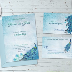 Peacock Wedding Invitation Set Blue Peacock Wedding Invite Blue Green Wedding Suite Printable Peacock Invitations Digital Peacock Art DIY