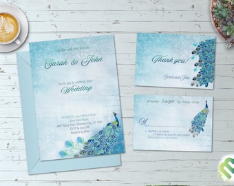 Peacock Wedding Invitation Set Blue Peacock Wedding Invite Blue Green Wedding Suite Printable Peacock Invitations Digital Peacock Art DIY