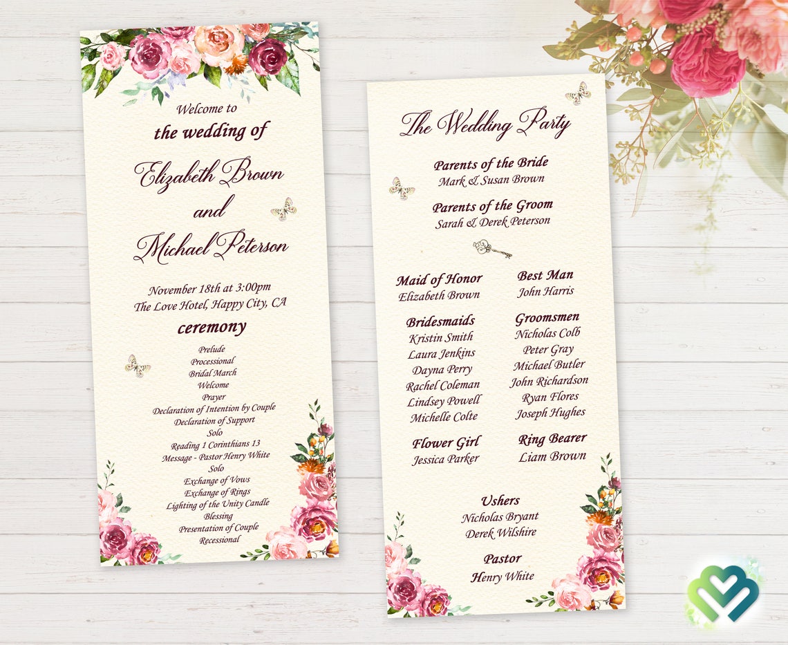 Rustic Floral Wedding Program Printable Butterfly Floral Etsy