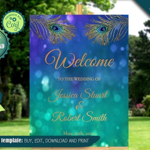 Editable Peacock Wedding Welcome Sign Peacock Blue Green Wedding Welcome Poster Wedding Reception Decoration Peacock Bridal Baby Stationery