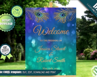 Editable Peacock Wedding Welcome Sign Peacock Blue Green Wedding Welcome Poster Wedding Reception Decoration Peacock Bridal Baby Stationery