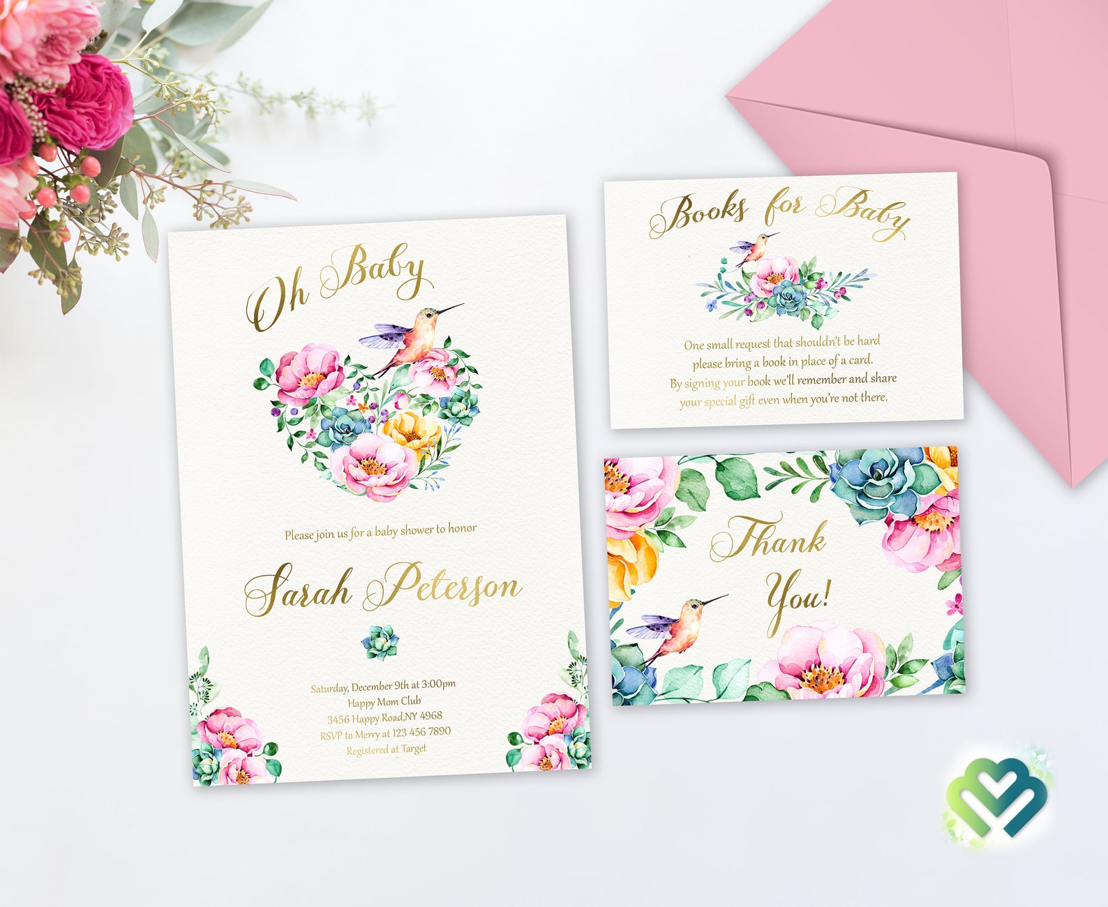 Hummingbird Floral Baby Shower Invitation Set Baby Girl Etsy