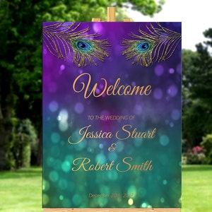 Peacock Wedding Welcome Sign Printable Peacock Purple Gold Wedding Welcome Poster Wedding Reception Decoration Peacock Bridal Stationery