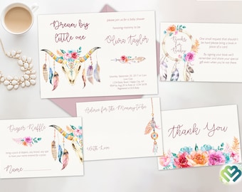May include: A set of four printable cards for a baby shower. The cards feature a watercolor design with a dreamcatcher, a skull with feathers, and floral accents. The text on the cards includes "Dream big little one", "Books for Baby", "Advice for the Mommy-to-be", and "Thank You".