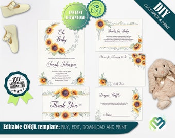 Girasoli modificabili Baby Shower Invito Estate Autunno Baby Cospargere Invito Autunno Baby Shower Invito neutro di genere Tema girasole