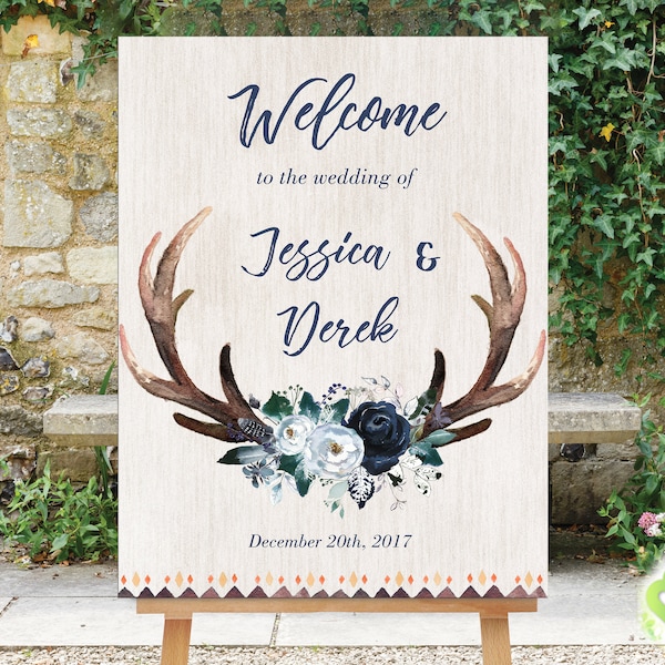 Antlers Deer Skull Boho Wedding Welcome Sign Bohemian Wedding Woodland Reception Decor Navy Peonies Wedding Reception Welcome Sign