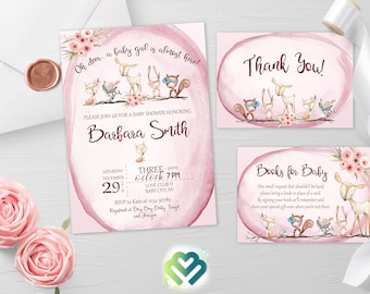 Woodland Animals Girl Baby Shower Invitation Oh Deer Baby Shower Invitation Baby Girl Shower Printable Invite Pink Invitation Cute Animals
