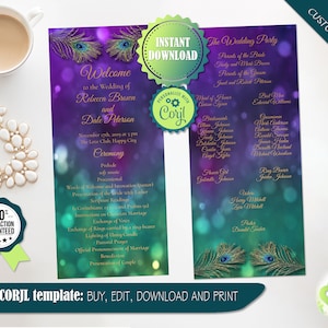 Peacock Purple Wedding Program Editable Printable Wedding Ceremony Program  Long Tea Program Peacock Themed Wedding Card Tower Program
