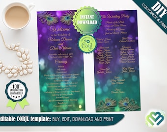 Peacock Purple Wedding Program Editable Printable Wedding Ceremony Program  Long Tea Program Peacock Themed Wedding Card Tower Program