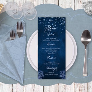 Winter Blaues Hochzeitsmenü Teekarte Essenskurse Schneeflocken Hochzeit Druckbares Turm Menü Digitale Karte Dinner Menü Winter Schnee Hochzeit