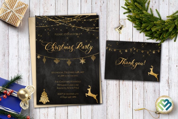 Chalkboard Gold Christmas Party Invitation Holiday Party Invitation Christmas Invitation Set Printable Xmas Invitation Set Party Invitations