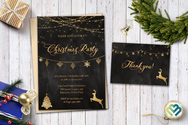 May include: A black and gold Christmas party invitation with a gold glitter background and text that reads "Please join us for a Christmas Party". The invitation includes details about the date, time, location, and RSVP information. A separate card reads "Thank you!" with a gold reindeer illustration.