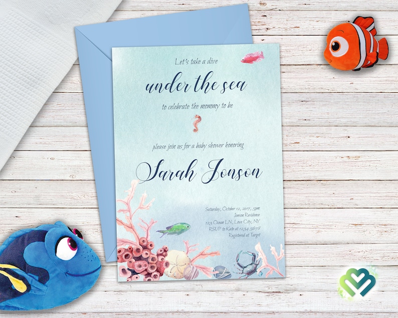 Baby Shower Invitation Under the Sea Themed Invite Seahorse Etsy
