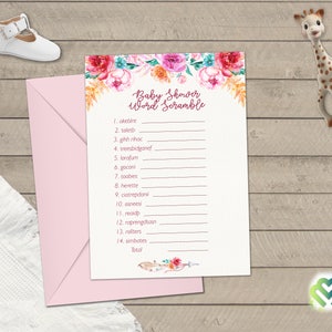 May include: A printable baby shower game with a floral design. The game is called "Word Scramble" and includes a list of 14 words to unscramble.