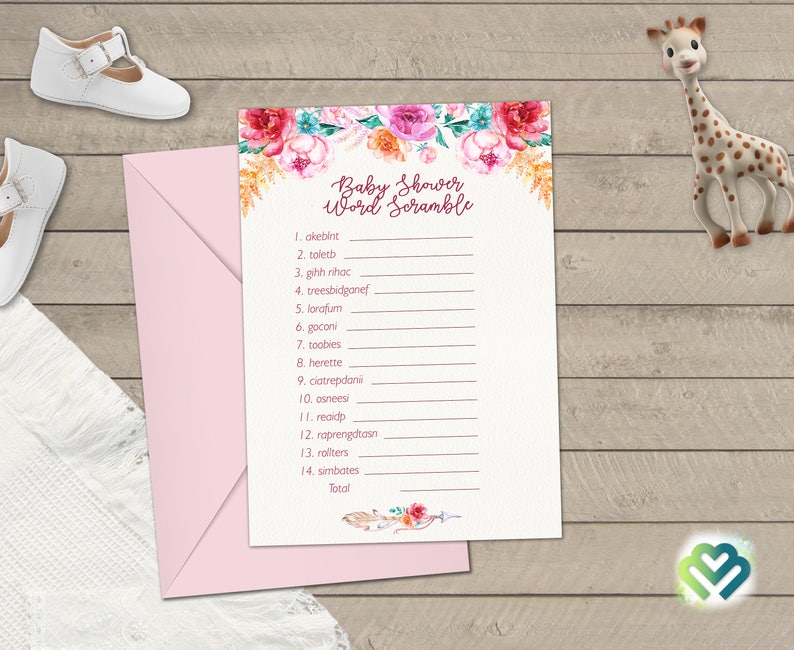 May include: A printable baby shower game with a floral design. The game is called "Word Scramble" and includes a list of 14 words to unscramble.