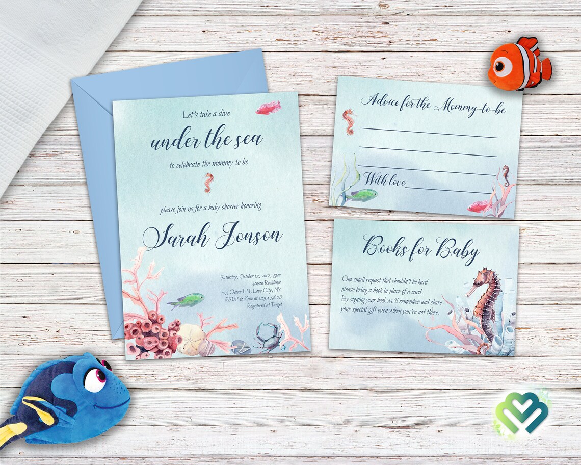 Baby Shower Invitation Under the Sea Themed Invite Seahorse Etsy