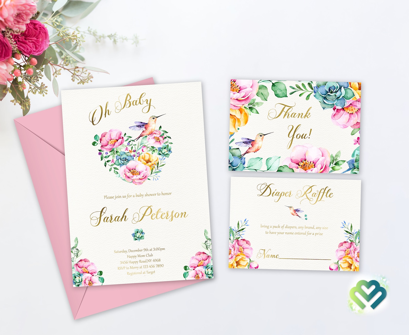 Hummingbird Floral Baby Shower Invitation Set Baby Girl Etsy