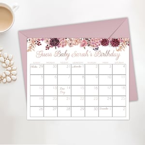 Baby Shower Geburtstag Vorhersagen Kalender druckbare Floral Baby-Dusche aufgrund Datum Kalender Baby Geburtstag Vermutung Spiel Rotgold Dusche Poster