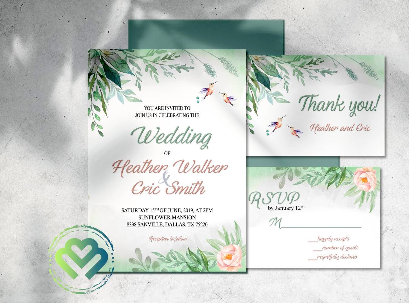 Green Leaves Wedding Invitation Garden Wedding Modern Nature Wedding Hummingbird Wedding Invitation Outdoor Wedding Invites Light Invites