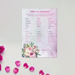 Printable Whats in your Purse Game Bridal Shower Purse Game Printable Roses Baby Shower Game Floral Bridal Shower Game Digital Download