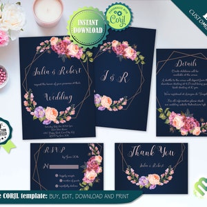 Editable Floral Navy Blush Wedding Invitation Set Crystal Geometric Wedding Invite Romantic Wedding Printable Invitation Suit Roses Invite