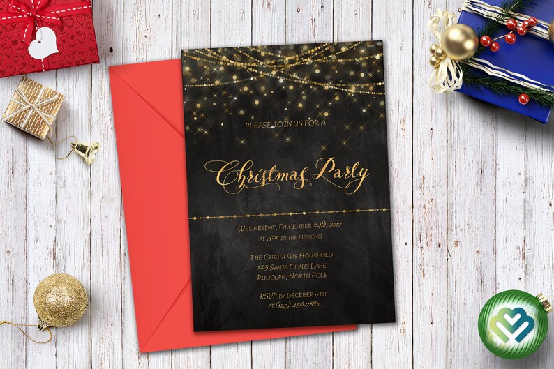 May include: A black and gold Christmas party invitation with a chalkboard background and gold glitter. The invitation reads "Please join us for a Christmas Party" and includes the date, time, and location of the party.