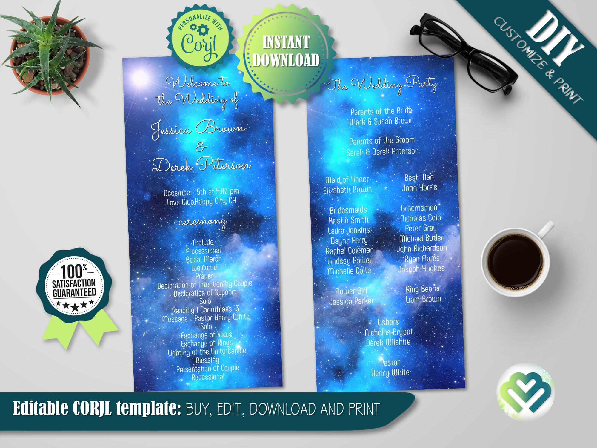 Editable Galaxy Starry Night Wedding Program Printable Wedding Ceremony Program Reception Wedding Stationery  Long Tea Program of Wedding