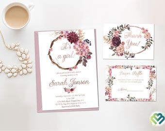 Floral Girl Baby Shower Invitation Burgundy Cream Floral  Baby Shower Invite Boho Baby Shower Printable It's a Girl Invitation Rose Gold