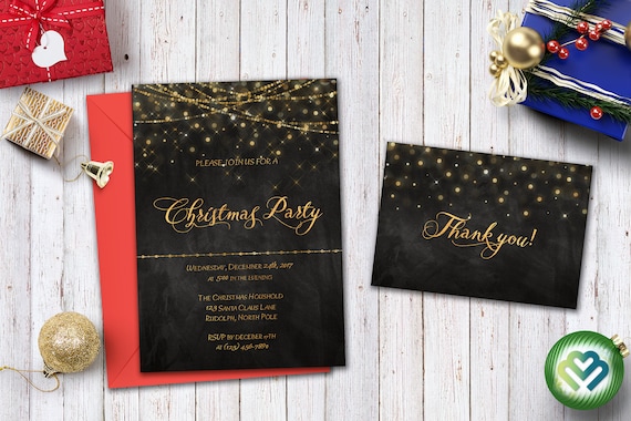 Christmas Party Invitation Holiday Party Invitation Christmas Chalkboard Invitation Set Printable Xmas Invitation Set Gold Foil Invitations
