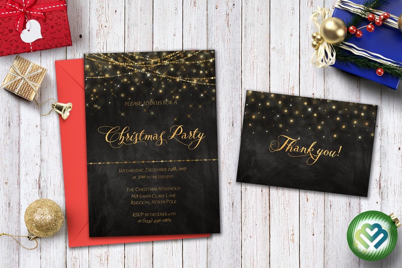 May include: A black and gold Christmas party invitation with a string of lights design. The invitation includes the text "Please join us for a Christmas Party" and details about the party, including the date, time, and location. A separate black and gold card with the text "Thank you!" is also included.