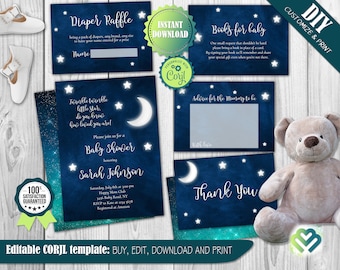 Puede incluir: Una invitación de baby shower azul y verde con una luna creciente y estrellas. La invitación dice "Twinkle twinkle little star, do you know how loved you are!" y "Please join us for a Baby Shower honoring Sarah Johnson".