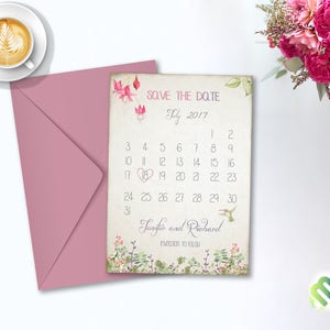 Cartão floral de beija-flor para salvar a data, cartão romântico para salvar a data, convite para impressão, arte rústica, salvar a data, cartão diy