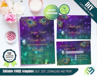 Purple Gold Peacock Wedding Invitation Set Editable Peacock Feather Wedding Invite Suite  Peacock Invitation Digital Peacock Art DIY Wedding