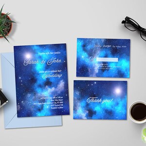May include: A set of three blue and white galaxy-themed wedding invitations with the text "Together with their families, Sarah & John, Invite you to celebrate their Wedding, Saturday July 13th, 3:00 PM, R&uuml;ber Stine Manor, 3647 Happy Road, ACNY 68, Reception to follow" and "Kindly RSVP by May 30th" and "Thank you!"