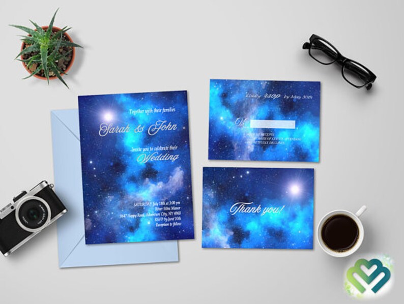 May include: A set of three blue and white galaxy-themed wedding invitations with the text "Together with their families, Sarah & John, Invite you to celebrate their Wedding, Saturday July 13th, 3:00 PM, R&uuml;ber Stine Manor, 3647 Happy Road, ACNY 68, Reception to follow" and "Kindly RSVP by May 30th" and "Thank you!"