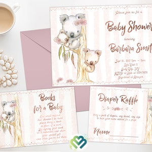 Koalas Baby Shower Invitación Koala Baby Boy Girl Invite Diaper Raffle Books Card Koala Eucalyptus Invitation Watercolor Koala Oro Rosa