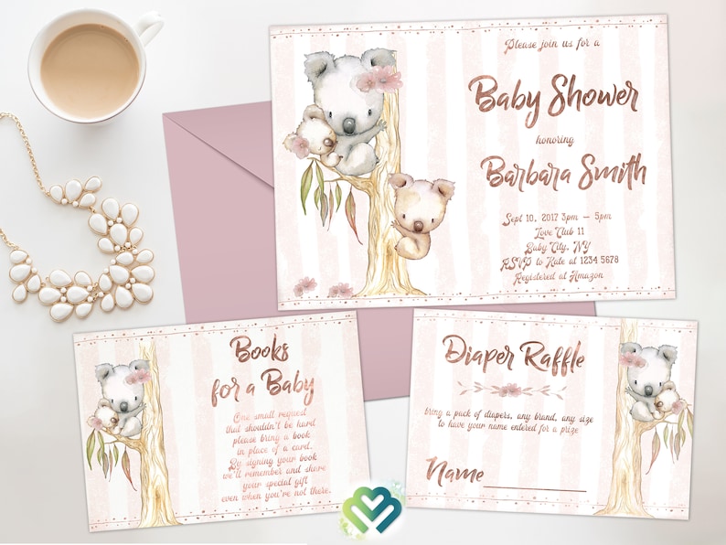 Koalas Baby Shower Invitation Koala Baby Boy Girl Invite Diaper Raffle ...
