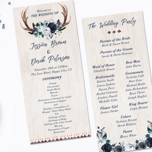 Puede incluir: Programa de la ceremonia de boda con un fondo de madera rústica y detalles florales. El programa enumera el orden de los eventos de la ceremonia y la fiesta de bodas. Los nombres de la pareja son Jessica Brown y Derek Peterson. La boda es el 18 de noviembre a las 3:00 pm en The Love Hotel en Happy City, CA.