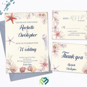 Beach Theme Wedding Invitation Set Navy Seaside Wedding Invite Ocean Coral Seashell Starfish Invite Summer Destination Wedding Beach Wedding