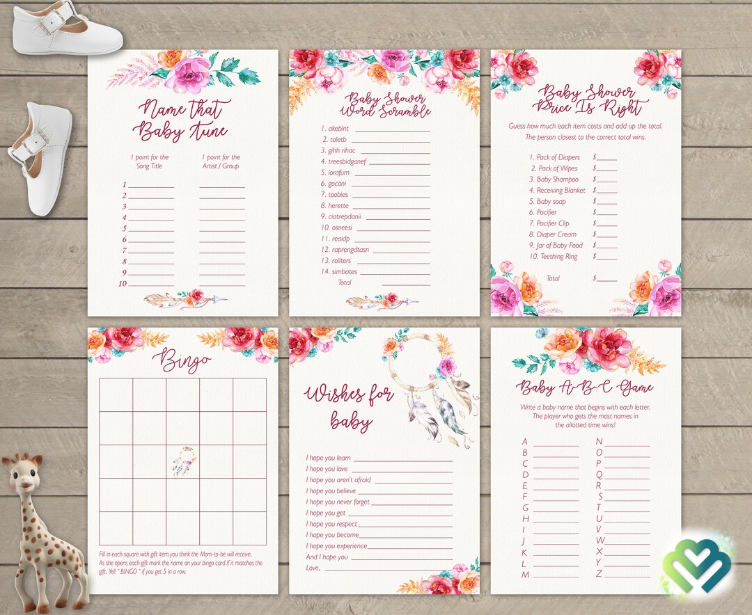 Tribal Floral Baby Shower Games Printable Baby Games Bundle Baby Shower ...