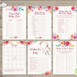 May include: A set of printable baby shower game cards with a floral theme. The games include "Name That Baby Tune", "Baby Shower Word Scramble", "Baby Shower Price Is Right", "Bingo", "Wishes for Baby", and "Baby A-B-C Game".