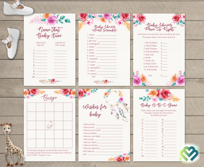 May include: A set of printable baby shower game cards with a floral theme. The games include "Name That Baby Tune", "Baby Shower Word Scramble", "Baby Shower Price Is Right", "Bingo", "Wishes for Baby", and "Baby A-B-C Game".