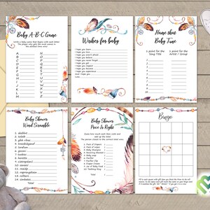 Tribal Feather Baby Shower Games Printable Baby Games Bundle Baby Shower Games Pack Boho Baby Shower Game Party Games Digital Package DIY image 1