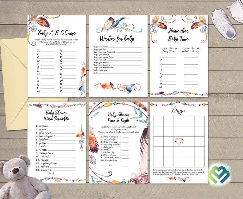 Tribal Feather Baby Shower Games Printable Baby Games Bundle Baby Shower Games Pack Boho Baby Shower Game Party Games Digital Package DIY image 1