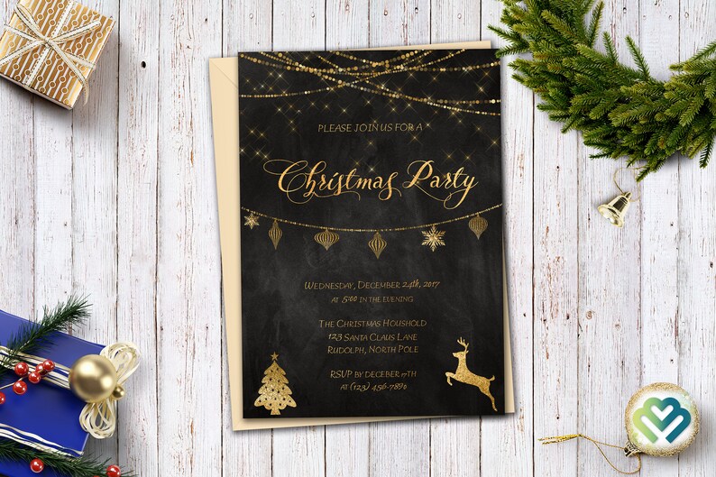 May include: A black and gold Christmas party invitation with a gold glitter design. The invitation includes the text "Please join us for a Christmas Party", "Wednesday, December 24th, 2017 at 5:00 in the evening", "The Christmas Household, 123 Santa Claus Lane, Rudolph, North Pole", and "RSVP by December 1st at (123) 456-7896".